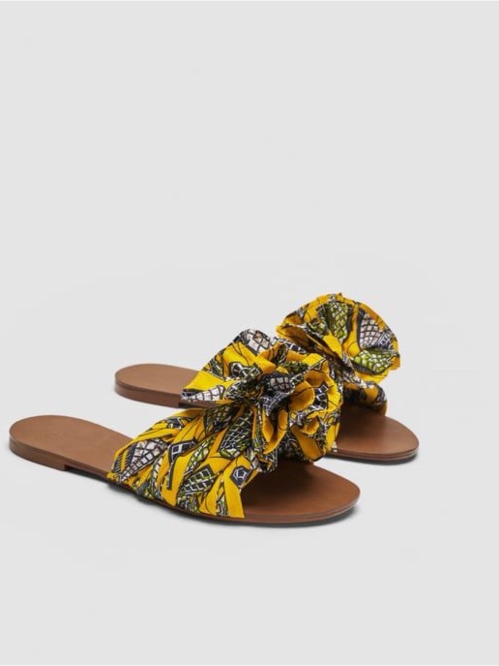 Zara Yellow Patterned Bow Slide Sandals